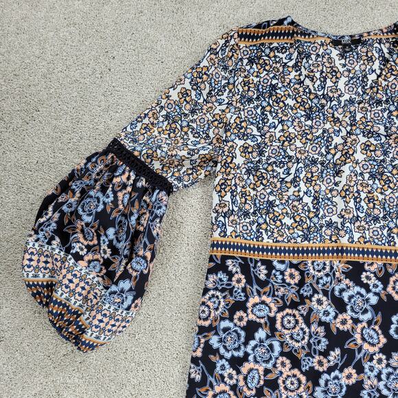 MSK Womens Dress Medium Blue Floral V-neck Baloon Sleeve Lace Trim Shift Midi - Picture 5 of 16